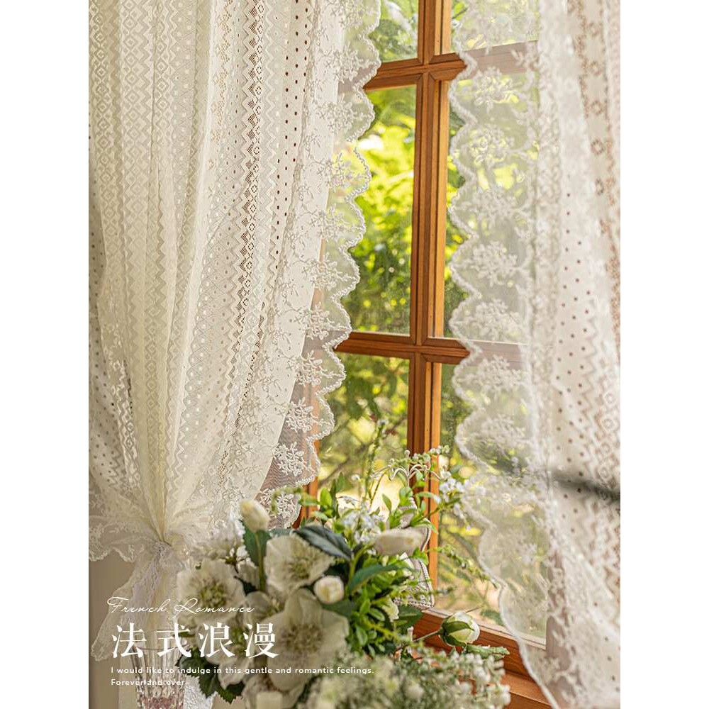 P66D韩式田园白色蕾丝纱帘飘窗窗帘美式乡村半截帘短帘免打孔隔断