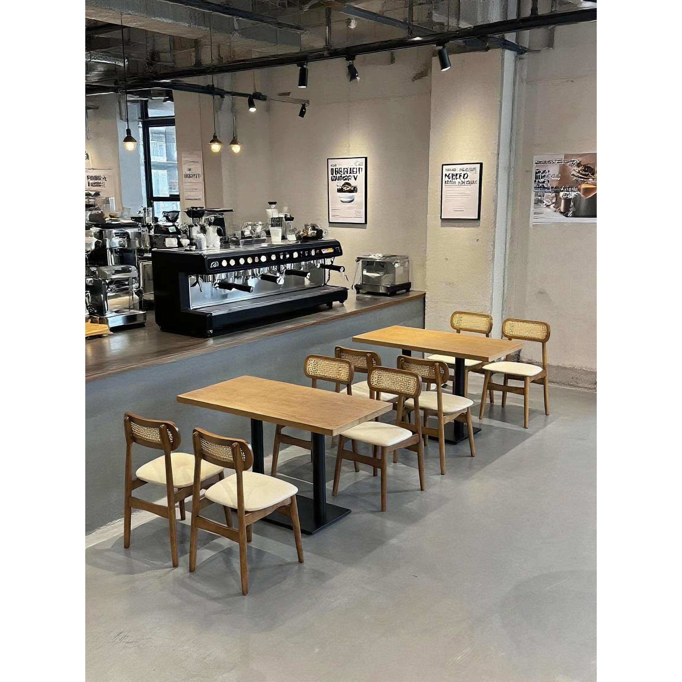 中古风商用实木餐桌椅组合餐饮店咖啡厅复古餐桌靠背藤编椅休闲椅