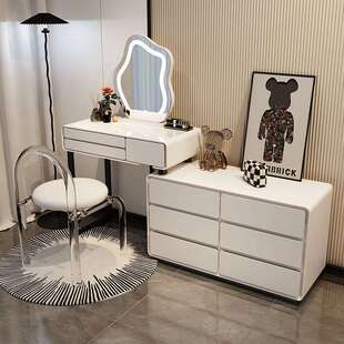 实木岩奶油风梳妆台全实木现代简约化妆台收纳柜桌卧室梳妆桌一体