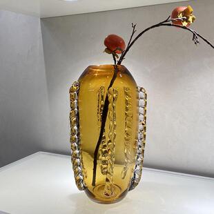 琉璃琥珀色透明大肚花瓶客厅落地圆肚小口径玻璃插花水养马醉木水