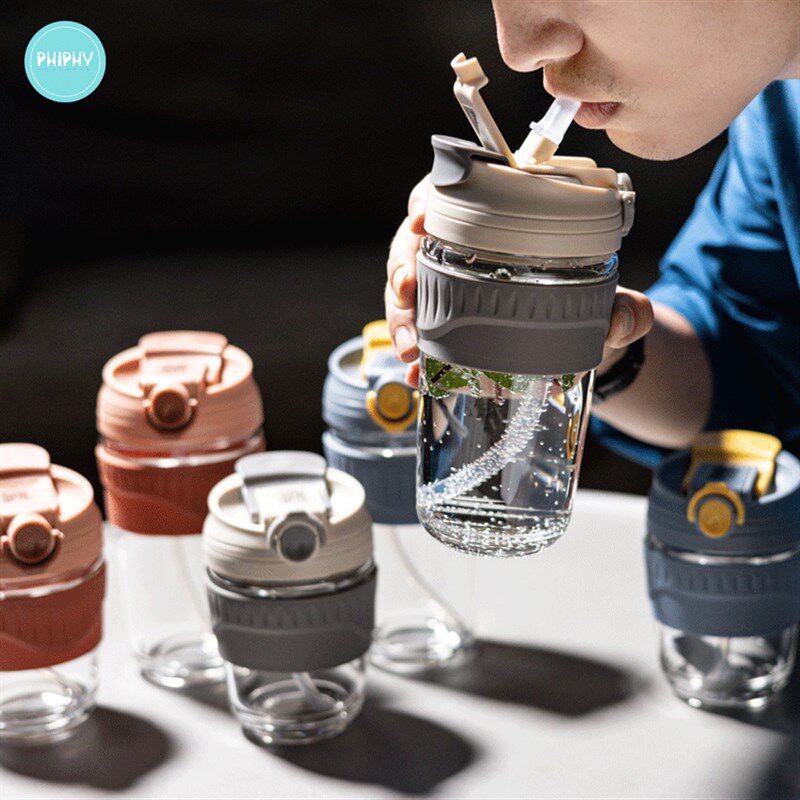 phiphy耐热玻璃双饮杯吸管奶茶杯咖啡杯便携茶杯大容量手杯带盖杯