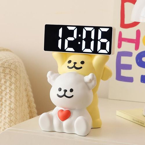 可爱线条小狗奶油风电子时钟摆台式桌面摆件台式钟表摆放式装饰品