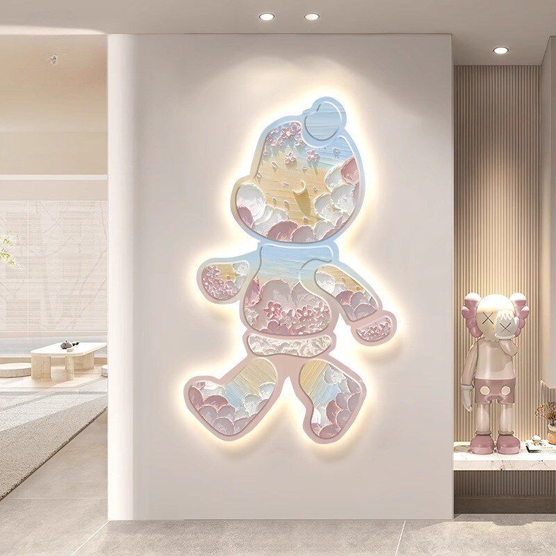 暴力熊带灯玄关装饰画LED入户正对门挂画奶油客厅走廊过道壁灯画