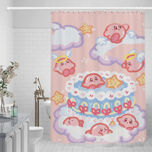 可爱卡通浴帘防水布星卡比粉色淋浴洗澡隔断挂帘免打孔卫生间帘子