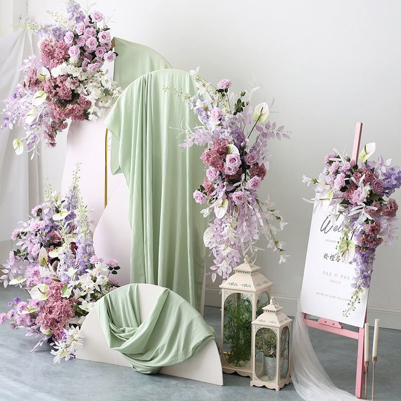 高级紫色婚庆花艺布场道具插花套装成品迎宾水牌壁挂落地路引摆花