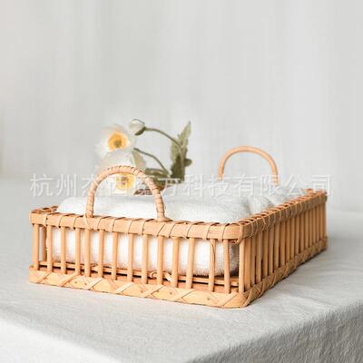 藤编木片长ELA方收纳盘条面置物筐桌茶盘杂物收纳筐形收纳盘套隔