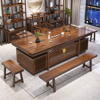 装大板茶桌组合办公室简茶KDE约实木桌客厅家用套一椅体新中式泡