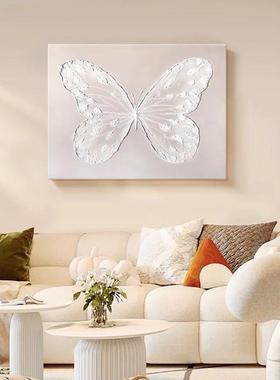 纯手绘油法式奶油风蝴厅蝶装饰画幅石英砂立体横肌画理客QNC厅餐