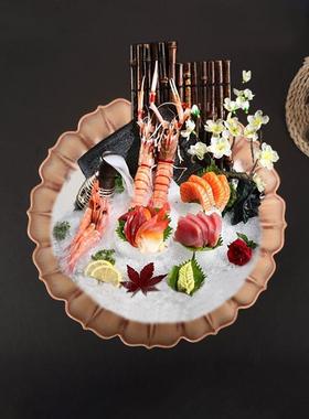 网盘红档酒店餐厅刺身三鱼盘密文胺金色干WIP冰盘海鲜高盘雪花肥