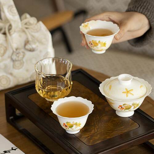 墨己茶事包收纳茶具携套装整便套盖CIJ手绘碗胖头鱼户外旅行茶具