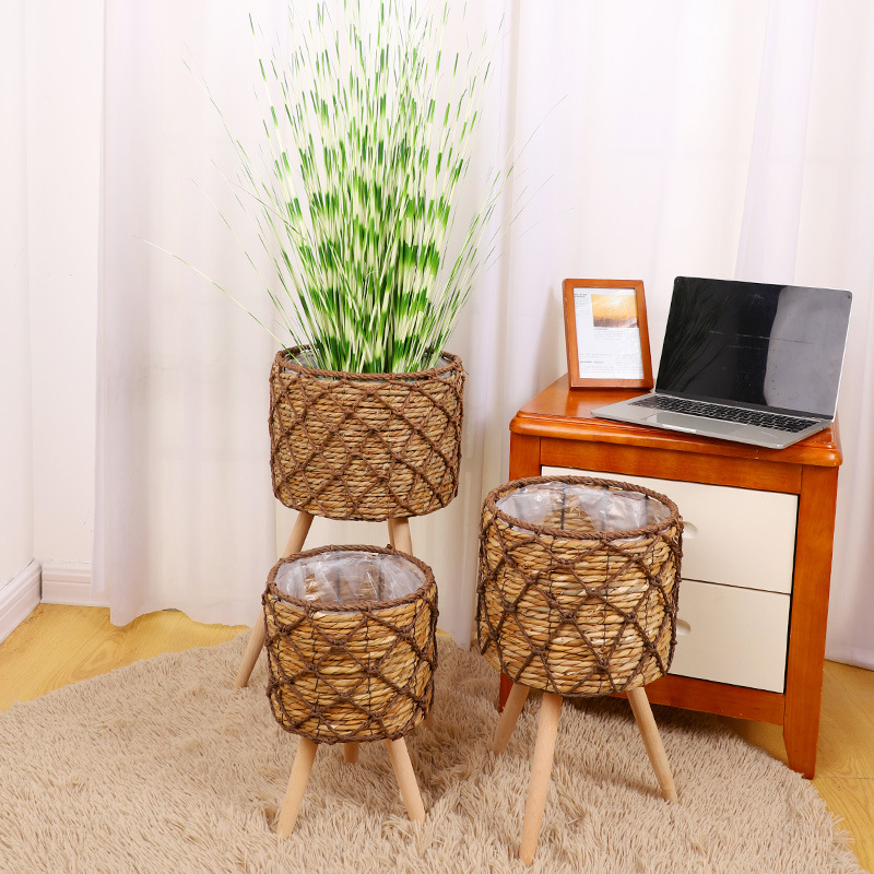草编花篮编织花盆带腿花架客厅阳台装饰简欧田园花器装饰品