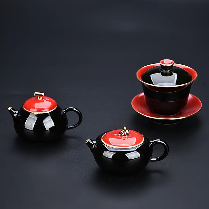 陶瓷仿漆艺盖碗茶壶茶杯大号泡茶器家用三才碗茶碗手抓壶敬茶碗