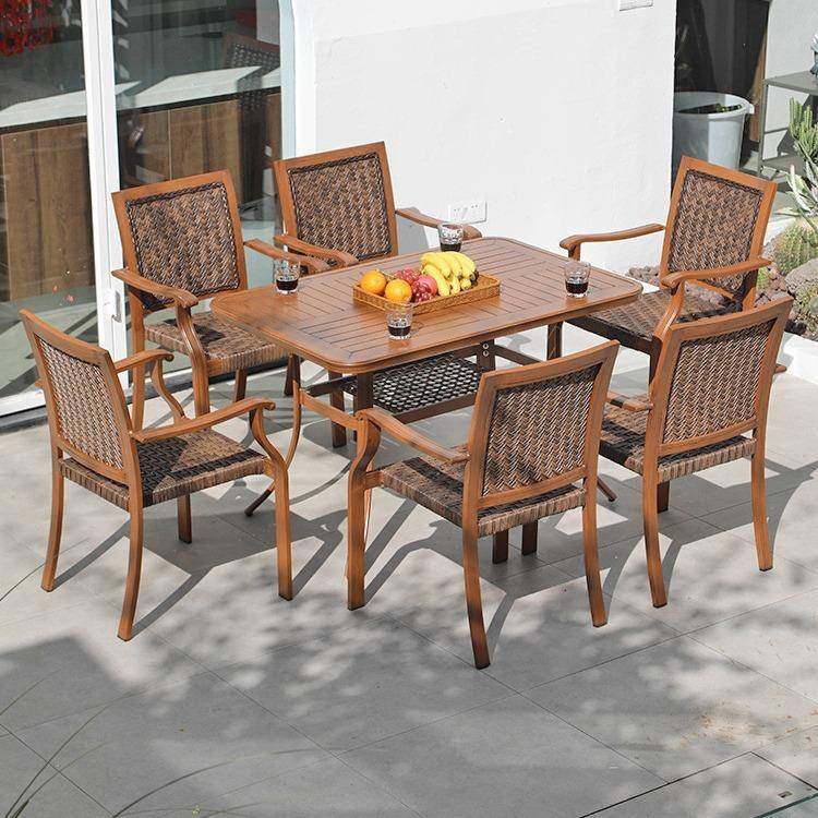 户外中式设计师高端长桌轻奢庭院铝合金仿木桌椅阳台露天藤椅