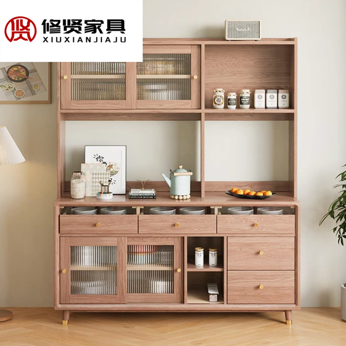 白蜡木实木餐边柜一体高柜北欧简约小户型橱柜餐厅厨房靠墙储物柜