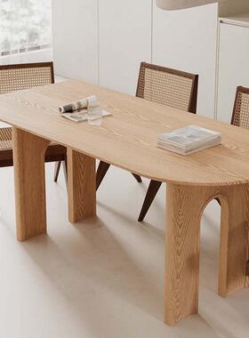 严选原木白蜡木桌椭圆形餐桌奶油中古风靠墙实木餐桌简约中岛台