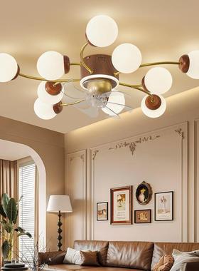 中古风扇灯北欧客厅吸顶风扇灯复古胡桃木纹摇头静音电扇魔豆灯具