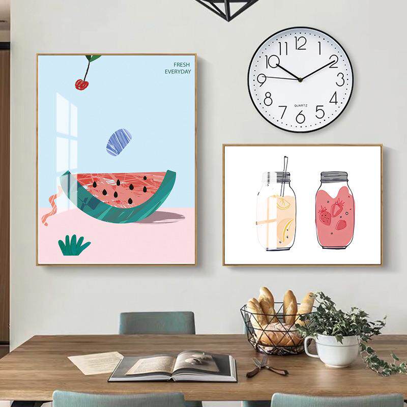 餐厅装饰画北欧挂钟壁画饭厅墙面组合挂画温馨现代简约水果柠檬