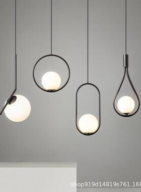 全铜卧室床头吊灯现代简约黑色玻璃单头吊线灯北欧吧台餐厅小吊灯