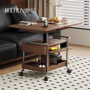 博纯焦糖中古风小推车客厅两用可移动叠可移动餐桌升降茶几家居