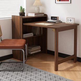 实木折叠书桌书架一体卧室家用桌小户型学习书柜转角桌子简约
