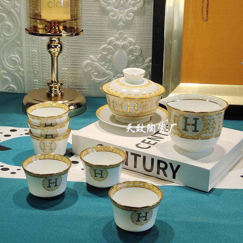 H标金边茶具陶瓷格菱纹透亮茶具骨瓷6杯叠精致美观立体套装别致新