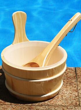 桑拿房设备配件白松木桶套装干蒸房专用木桶木勺4L桑拿炉浇水水桶