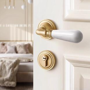 烁盾法式卧室门锁中古复古风室内家用门把手大理石磁吸静音分体锁