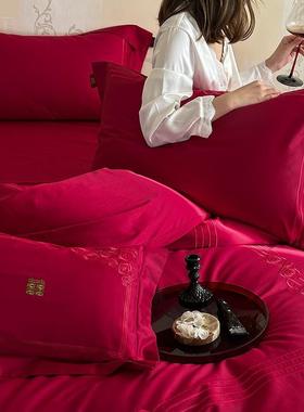 100S高端婚庆床品四件套纯棉大红色床上纯色结婚床单床上用品