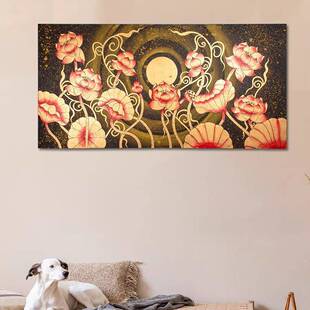 东南亚手绘油画泰式玄关走廊壁画客厅创意挂画过道横版金箔荷花