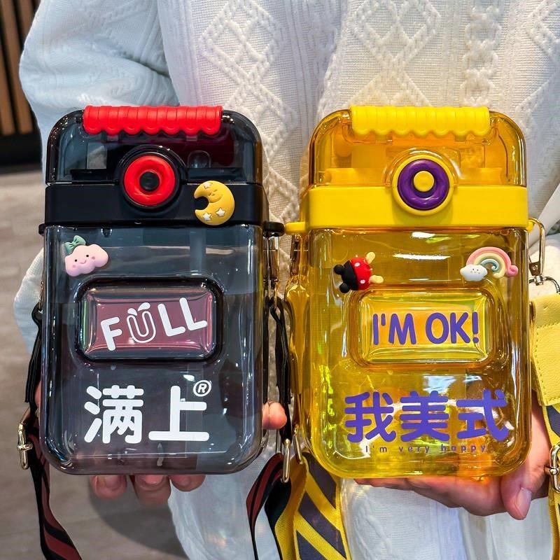 新款 方形水杯女生高颜值塑料网红吸管杯子扁平便携学生男双饮杯