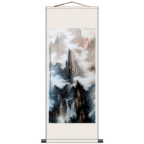 招财山水卷轴画国画水墨画宣纸仿古画丝绸画绢画旭日东升