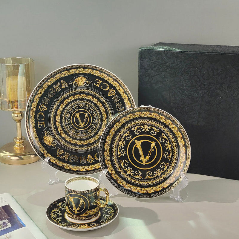 欧式轻奢复古V圆形西餐盘杯子陶瓷烫金圆盘酒店牛排盘家用餐具