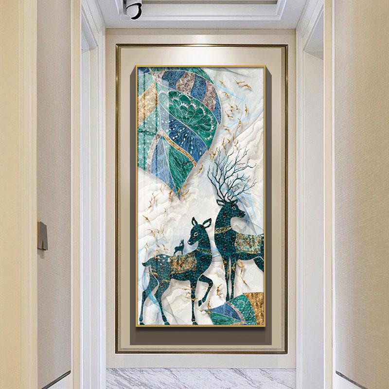 新中式现代简约客厅创意麋鹿玄关装饰画过道走廊抽象竖挂画