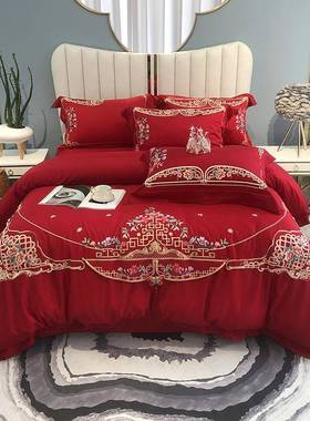 A524新中式庆1婚00支棉贡缎四被件套古典全刺绣套双TNX人结婚床上