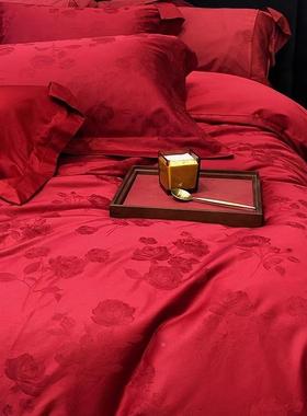 红色婚庆件套结婚被套床单婚件嫁新婚被罩婚房PCA四床品婚红色结