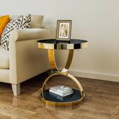 后现代轻简约发边几不锈钢钛奢金钢973A化玻璃小圆桌沙典新古角几