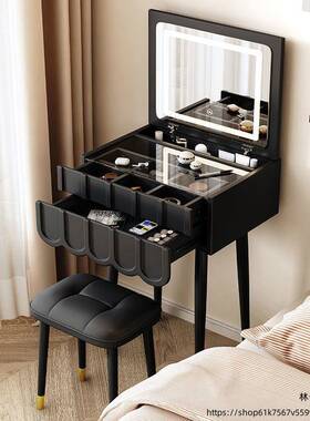 林7法式奶风卧UTY室小型V梳妆台油镜子隐翻式家用网红盖梳妆桌床