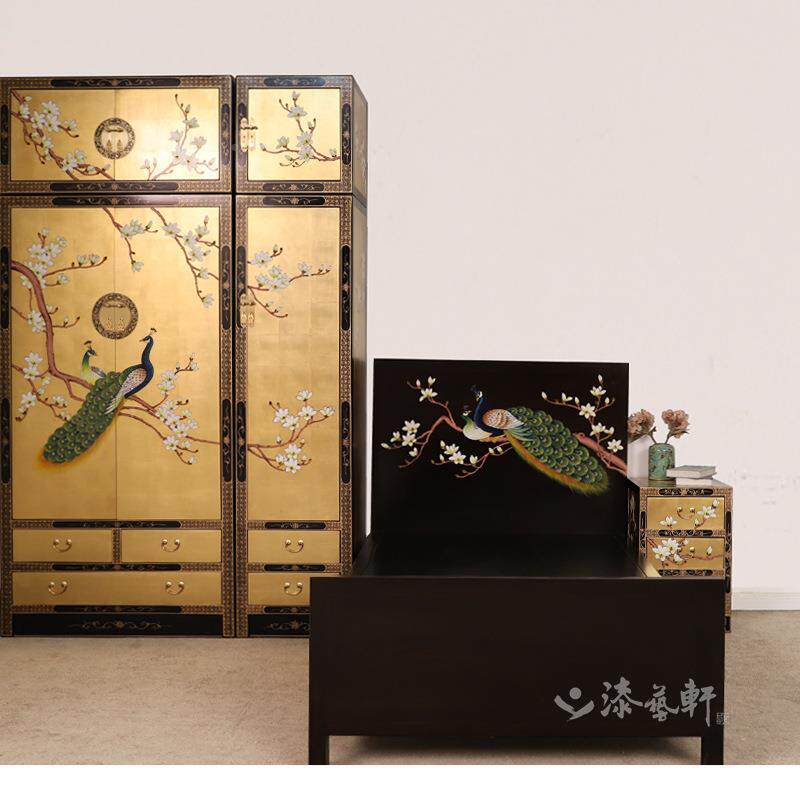 新式实木三门23680衣柜手绘传中统金箔立高柜装储饰樟木物柜古典