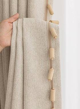 025新卧款麻理230400工雪尼尔麻黑金神遮光中古风原木风简约窗帘