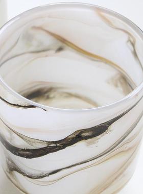 奢理石轻纹路玻EHO璃花瓶大口直筒厚底花瓶鲜饰花大家居软装台面