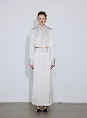 APARALLEL垫肩款缎面短款衬衫 工装风缎面阔腿裤