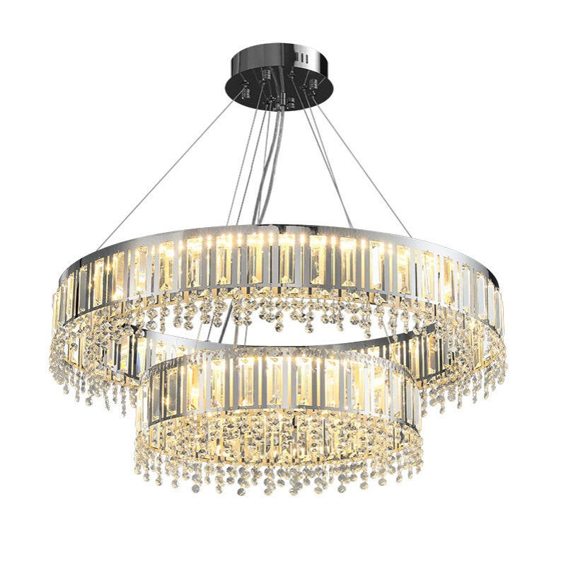 2024年新款水晶吊灯轻奢双层圆圈水晶灯意式大厅主灯别墅不锈钢灯