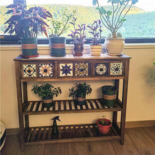 ft美式复古实木花架置物架阳台花架子客厅装饰落地式靠墙花店陈列