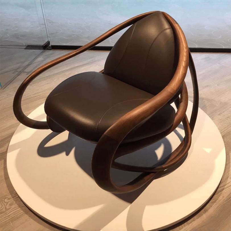 宜道家居胡桃木实木真皮摇摇椅美式复古风格时尚潮流椅子