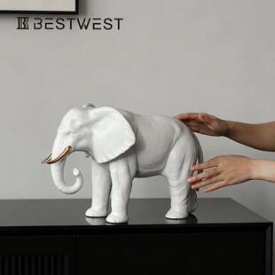 Bestwest白色简约陶瓷大象动物摆件样板间设计师客厅桌面装饰品