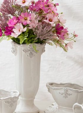 白色陶瓷花瓶法式复古水培插花花器客厅餐桌装饰摆件水养鲜花柱盆