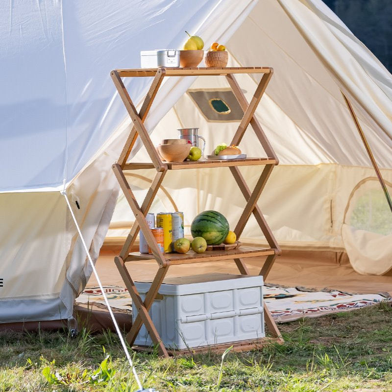 户外野营多功能双用置物架榉木折叠多层收纳架整理架露营便携桌