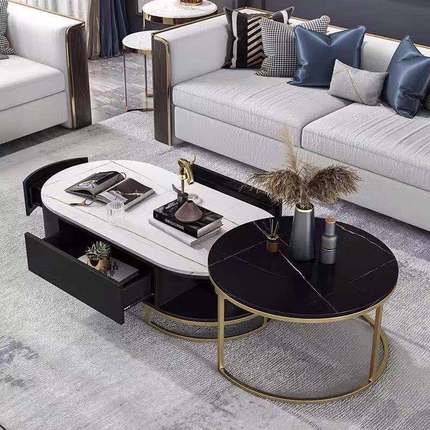 可伸缩现代茶几简约客厅圆形茶桌小户型轻奢创意大理石组合小桌子