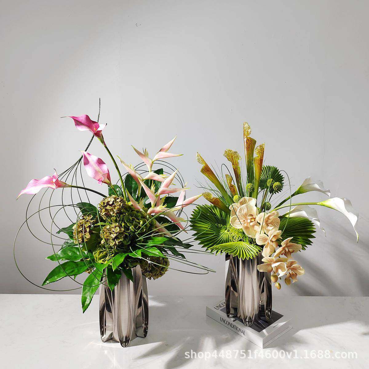 轻奢仿真花艺不锈钢花器整体客厅摆件电视柜餐桌茶几样板间装饰品