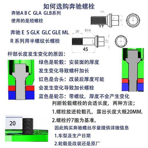 12.9高强度锻造轮毂螺栓螺丝适用奔驰C级E级S级GLC加长螺丝NERVI